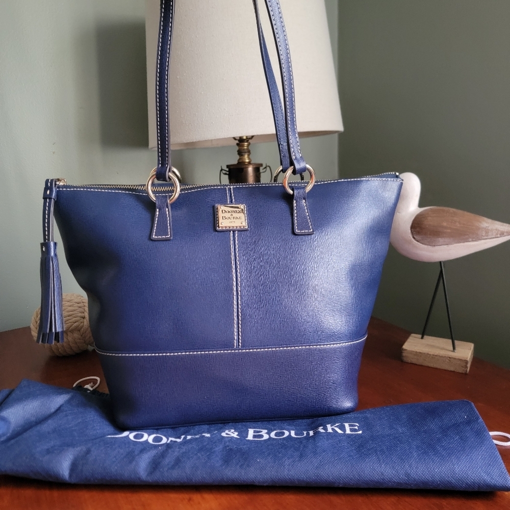Dooney & Bourke Blue Saffiano Leather Top Zip Shopper Tote Bag